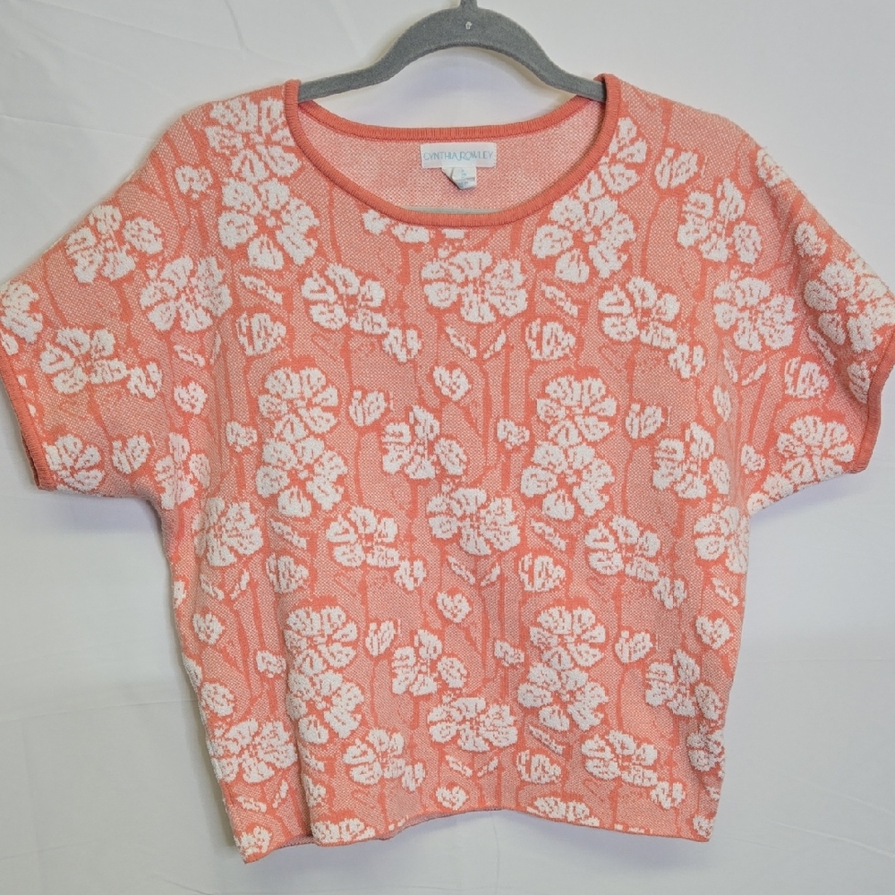 Cynthia Rowley Floral Short Sleeve Sweater, Pink‎ and White, Women's Size Medium